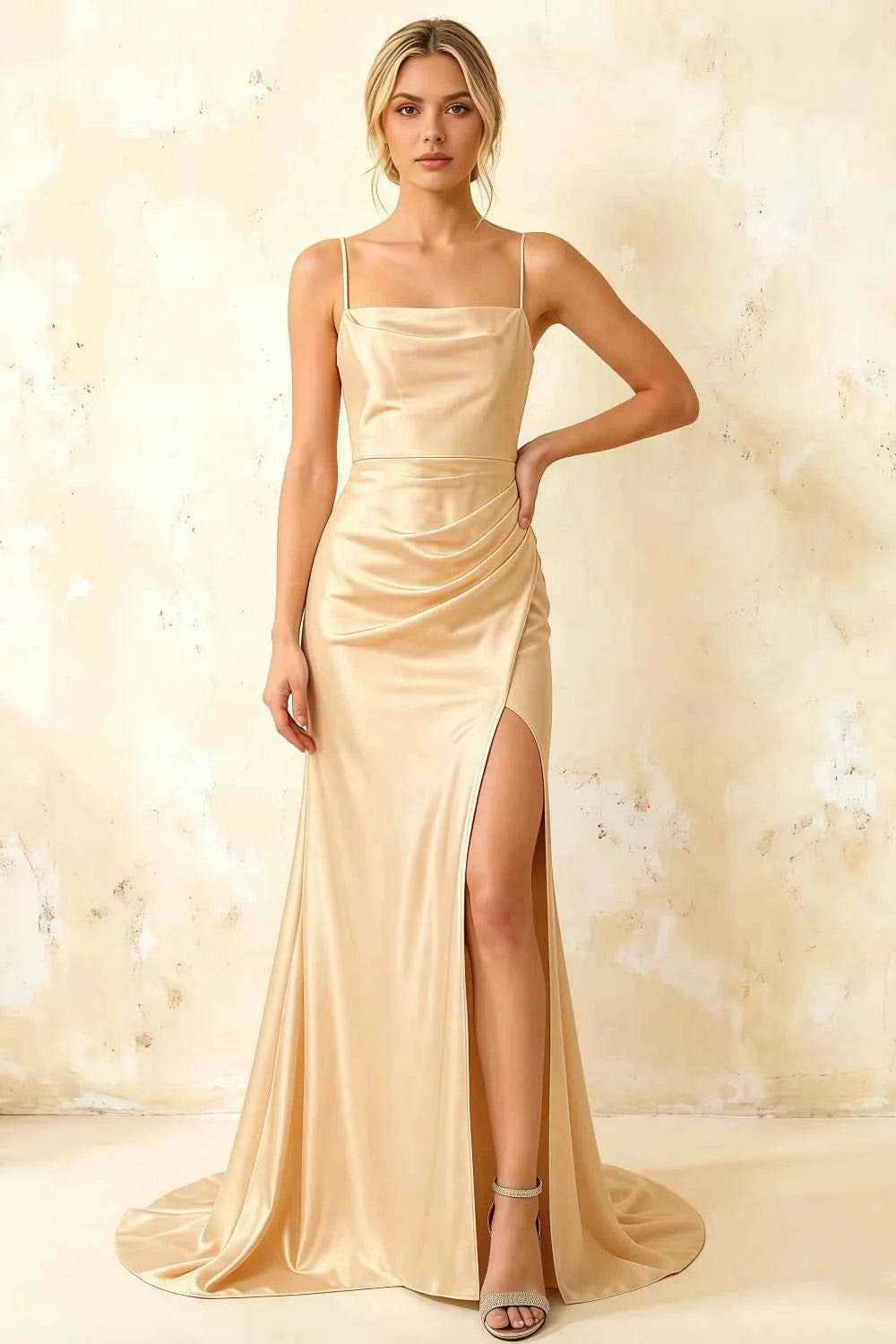 Jamie Champagne Satin Strapless Corset Maxi Dress