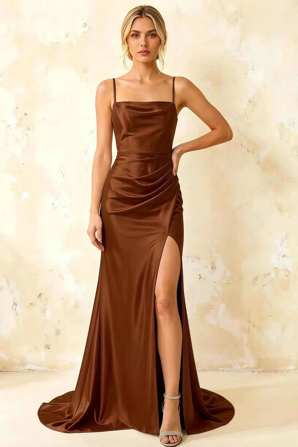 Jamie Chocolate Satin Strapless Corset Maxi Dress