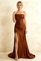 Jamie Chocolate Satin Strapless Corset Maxi Dress