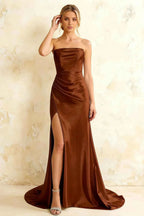 Jamie Chocolate Satin Strapless Corset Maxi Dress