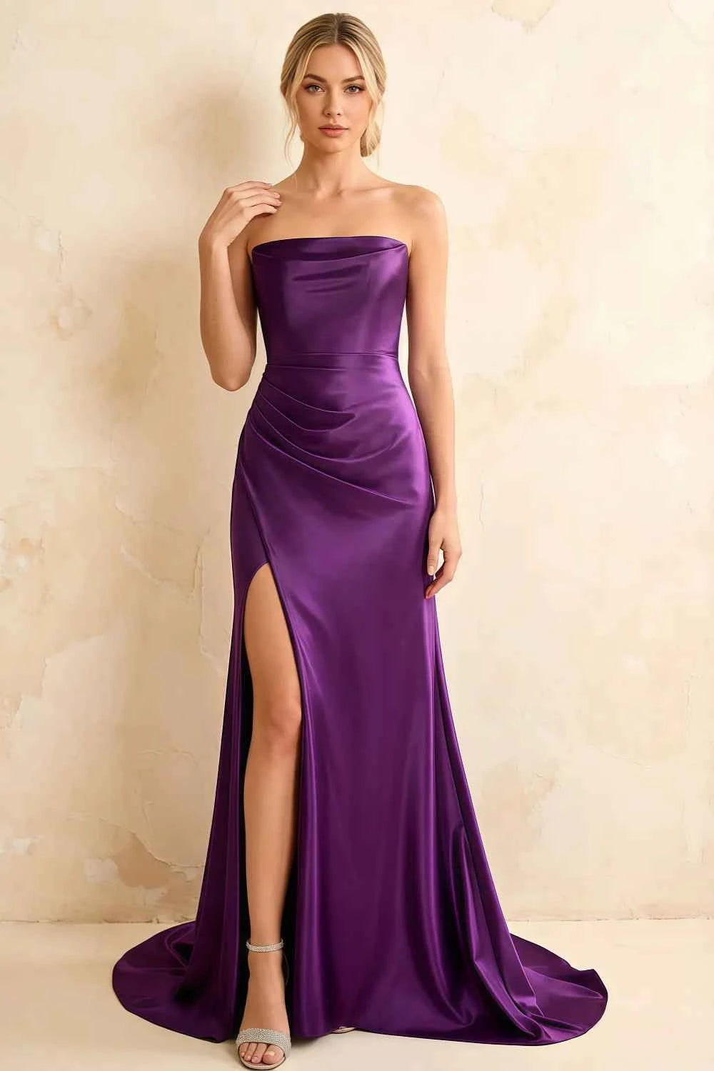 Jamie Grape Satin Strapless Corset Maxi Dress