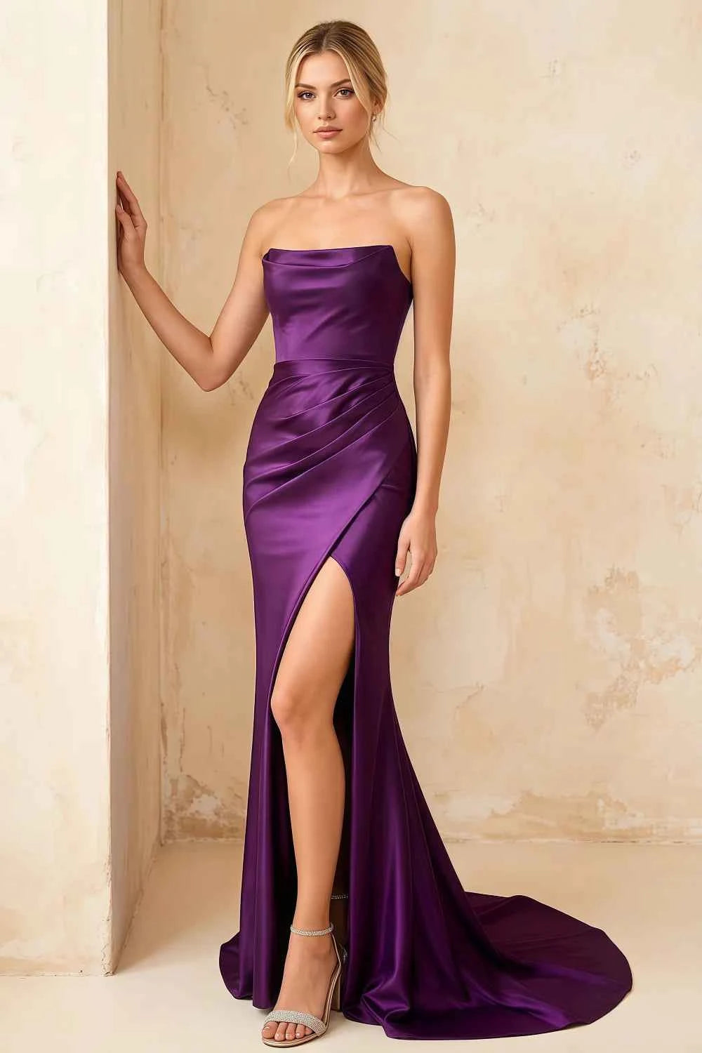 Jamie Grape Satin Strapless Corset Maxi Dress