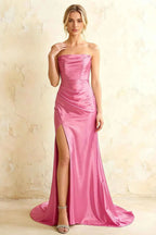 Jamie Hot Pink Satin Strapless Corset Maxi Dress