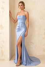 Jamie Light Blue Satin Strapless Corset Maxi Dress