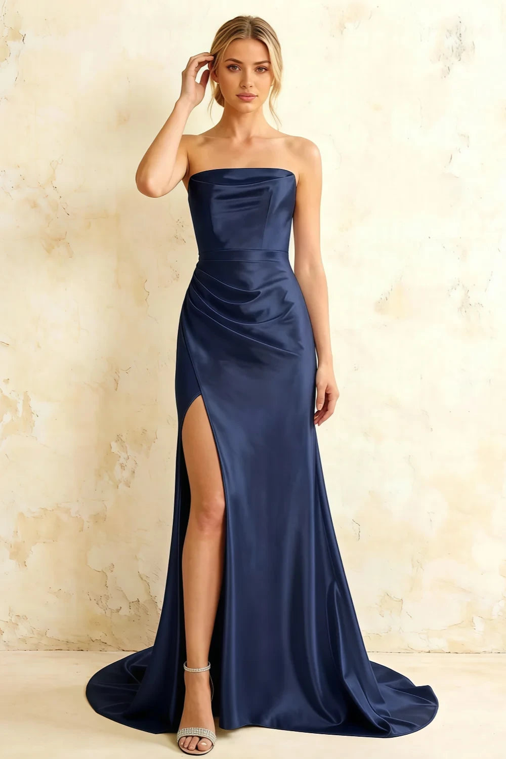 Jamie Navy Blue Satin Strapless Corset Maxi Dress