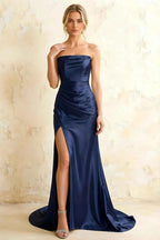 Jamie Navy Blue Satin Strapless Corset Maxi Dress