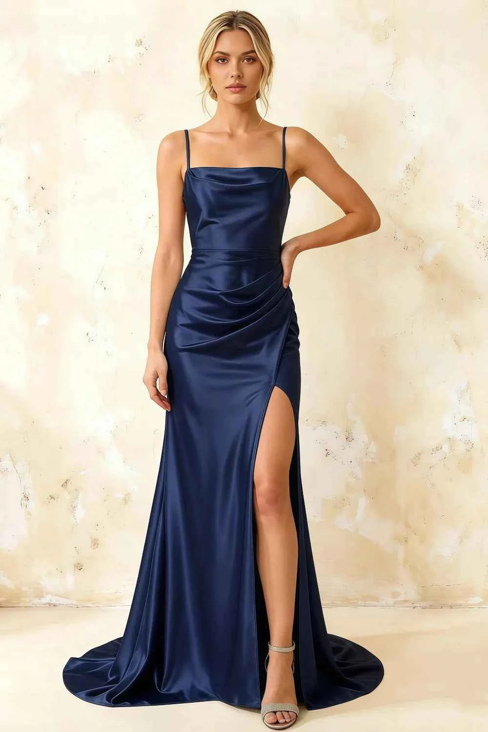 Jamie Navy Blue Satin Strapless Corset Maxi Dress
