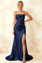 Jamie Navy Blue Satin Strapless Corset Maxi Dress