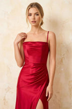 Jamie Red Satin Strapless Corset Maxi Dress