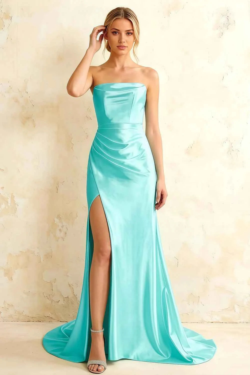 Jamie Turquoise Satin Strapless Corset Maxi Dress