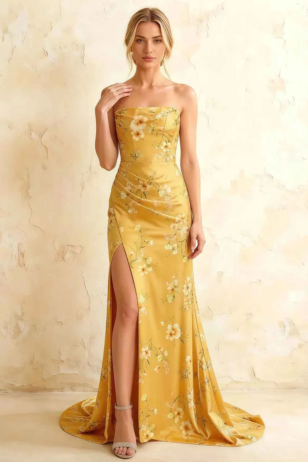 Jamie Yellow Floral Strapless Corset Maxi Dress