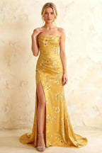 Jamie Yellow Floral Strapless Corset Maxi Dress