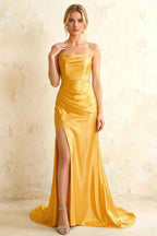 Jamie Yellow Satin Strapless Corset Maxi Dress