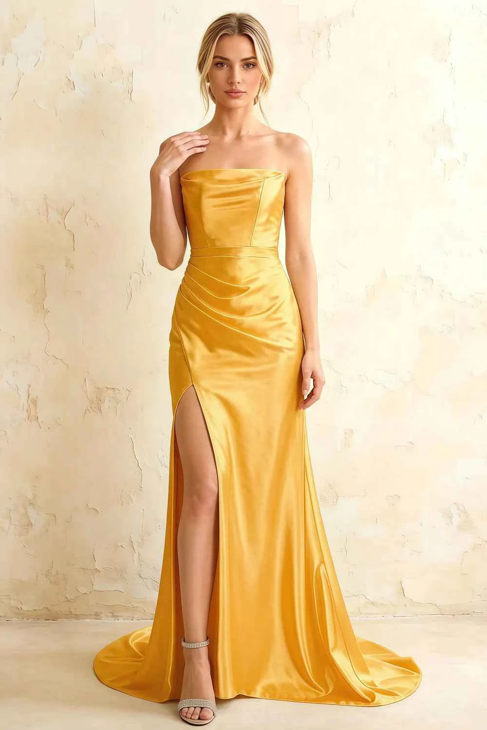 Jamie Yellow Satin Strapless Corset Maxi Dress