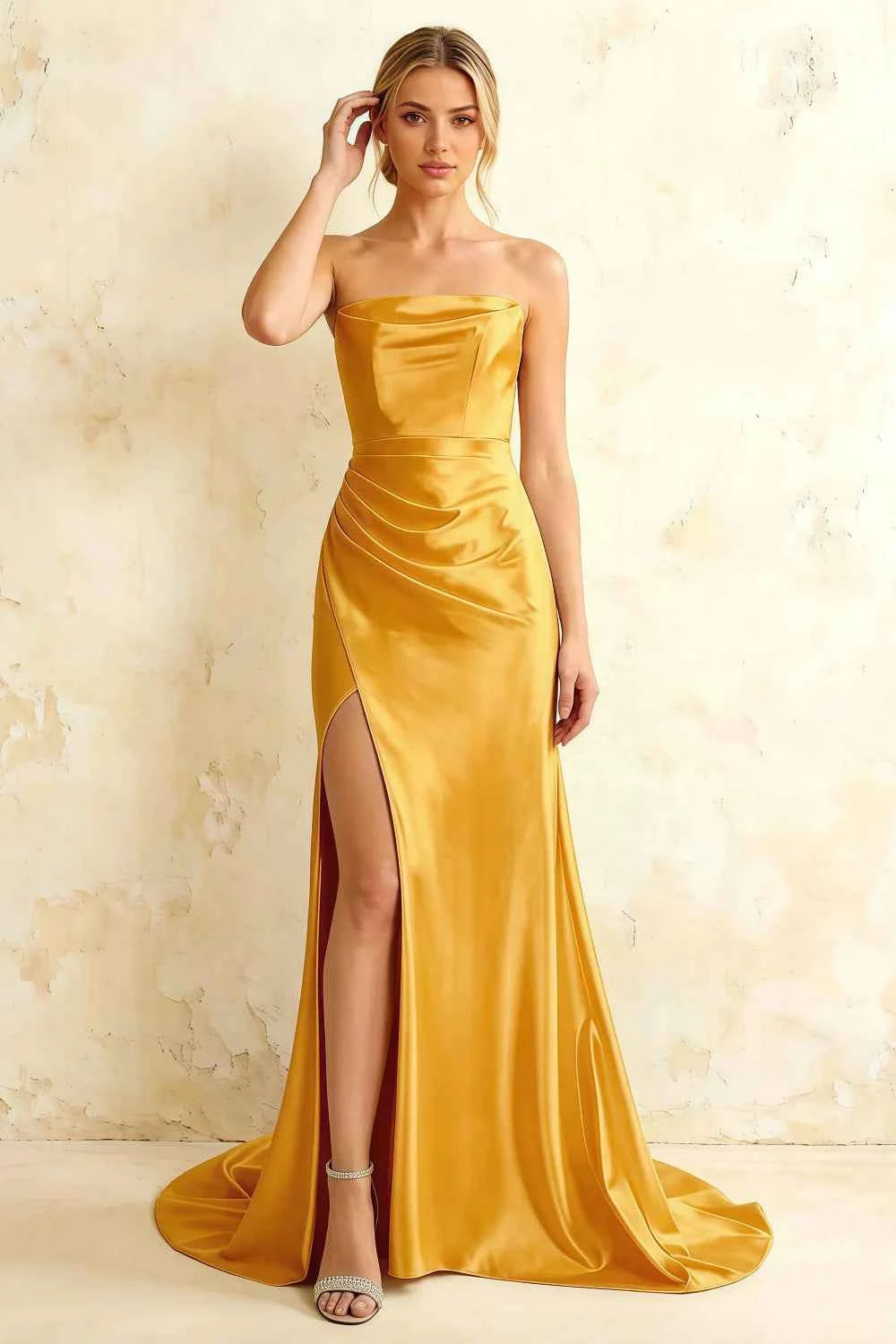 Jamie Yellow Satin Strapless Corset Maxi Dress