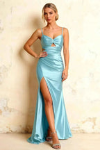 Jane Baby Blue Satin Cutout Mermaid Slit Maxi Dress