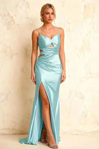 Jane Baby Blue Satin Cutout Mermaid Slit Maxi Dress