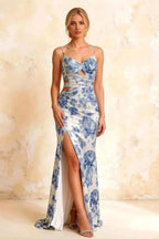 Jane Blue and White Floral Cutout Mermaid Slit Maxi Dress