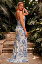 Jane Blue and White Floral Cutout Mermaid Slit Maxi Dress