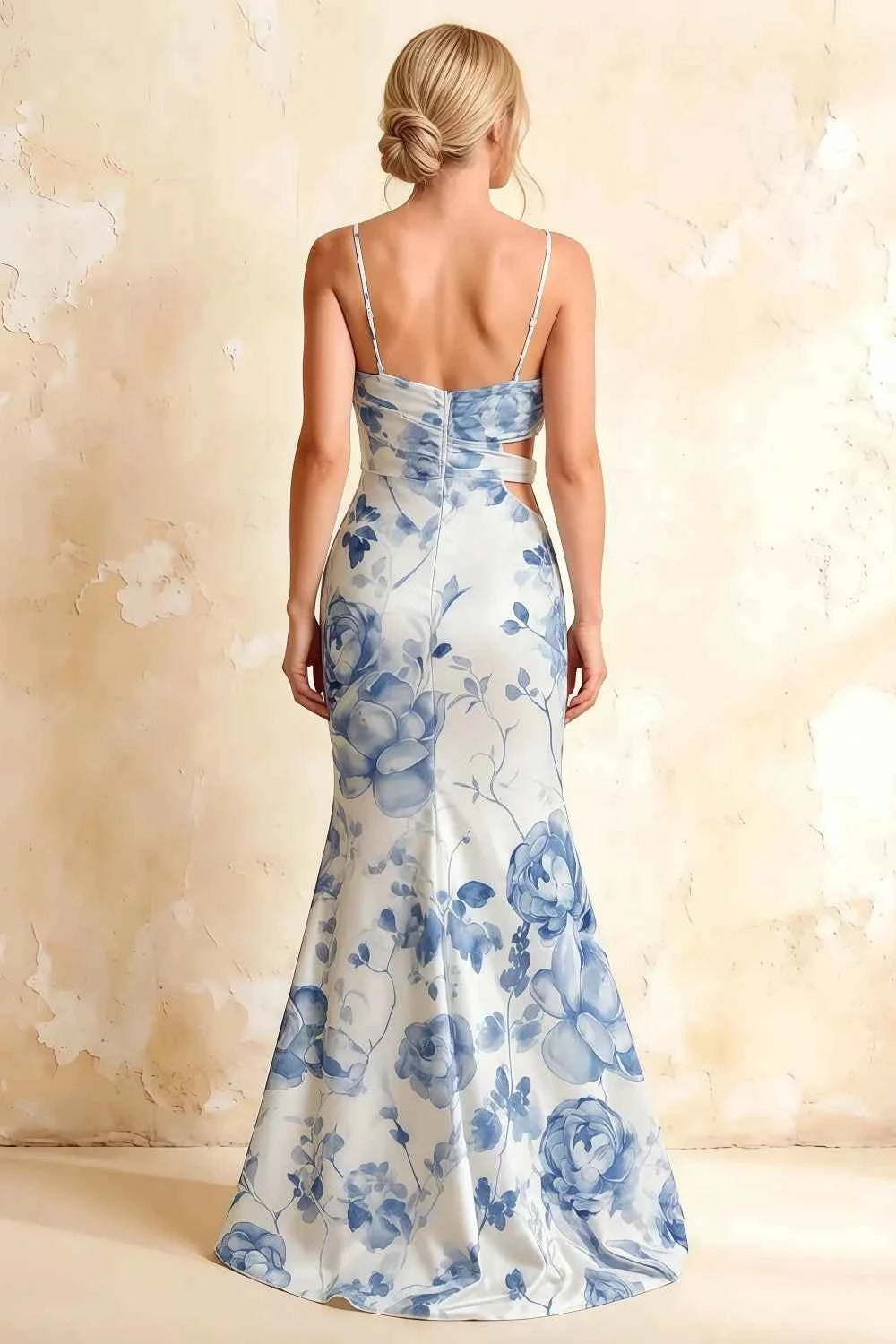 Jane Blue and White Floral Cutout Mermaid Slit Maxi Dress