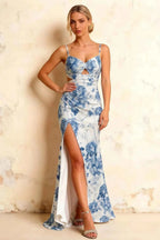 Jane Blue and White Floral Cutout Mermaid Slit Maxi Dress