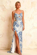 Jane Blue and White Floral Cutout Mermaid Slit Maxi Dress