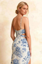Jane Blue and White Floral Cutout Mermaid Slit Maxi Dress