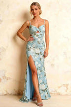 Jane Blue Floral Cutout Mermaid Slit Maxi Dress