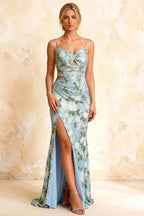 Jane Blue Floral Cutout Mermaid Slit Maxi Dress
