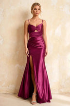 Jane Burgundy Satin Cutout Mermaid Slit Maxi Dress