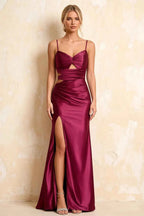 Jane Burgundy Satin Cutout Mermaid Slit Maxi Dress