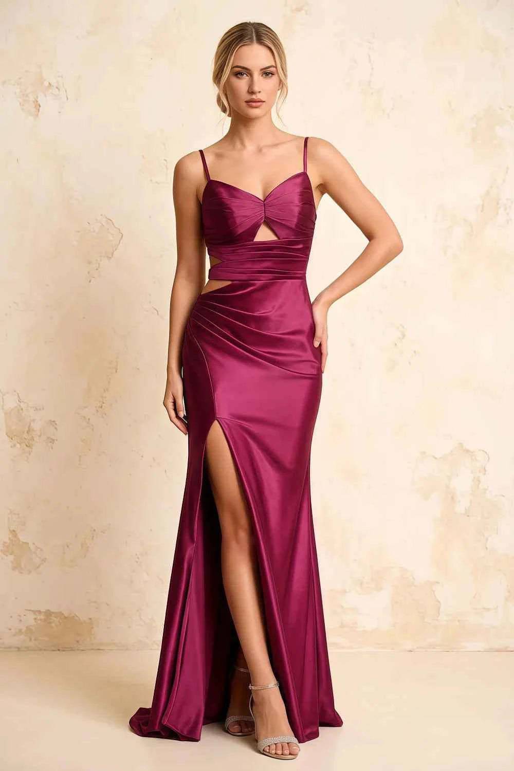 Jane Burgundy Satin Cutout Mermaid Slit Maxi Dress