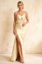 Jane Champagne Satin Cutout Mermaid Slit Maxi Dress