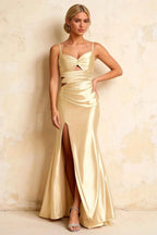 Jane Champagne Satin Cutout Mermaid Slit Maxi Dress