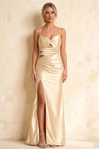 Jane Champagne Satin Cutout Mermaid Slit Maxi Dress
