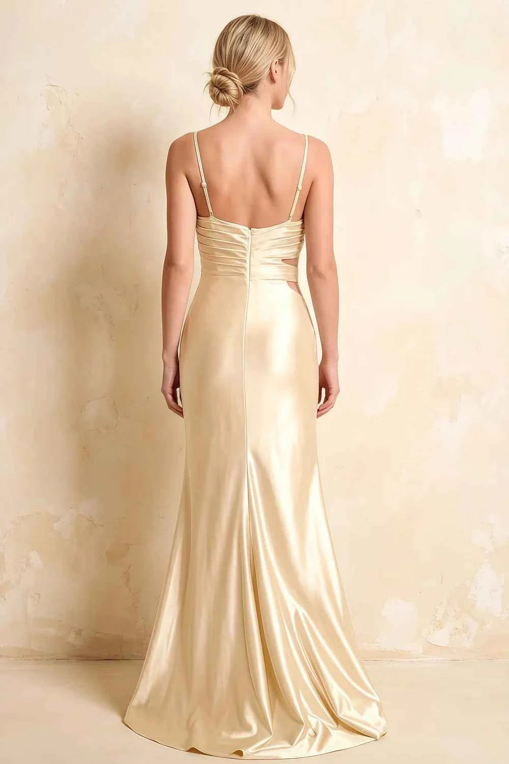Jane Champagne Satin Cutout Mermaid Slit Maxi Dress