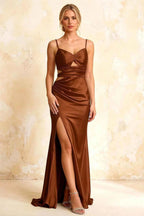 Jane Chocolate Satin Cutout Mermaid Slit Maxi Dress