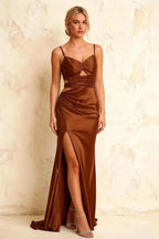 Jane Chocolate Satin Cutout Mermaid Slit Maxi Dress