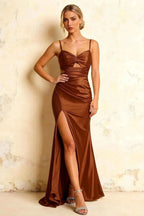 Jane Chocolate Satin Cutout Mermaid Slit Maxi Dress