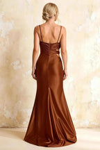 Jane Chocolate Satin Cutout Mermaid Slit Maxi Dress