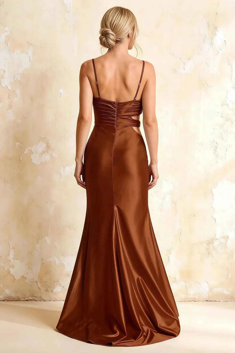Jane Chocolate Satin Cutout Mermaid Slit Maxi Dress