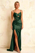 Jane Dark Green Satin Cutout Mermaid Slit Maxi Dress