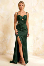 Jane Dark Green Satin Cutout Mermaid Slit Maxi Dress