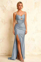 Jane Dusty Blue Satin Cutout Mermaid Slit Maxi Dress