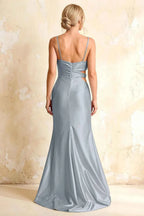 Jane Dusty Blue Satin Cutout Mermaid Slit Maxi Dress
