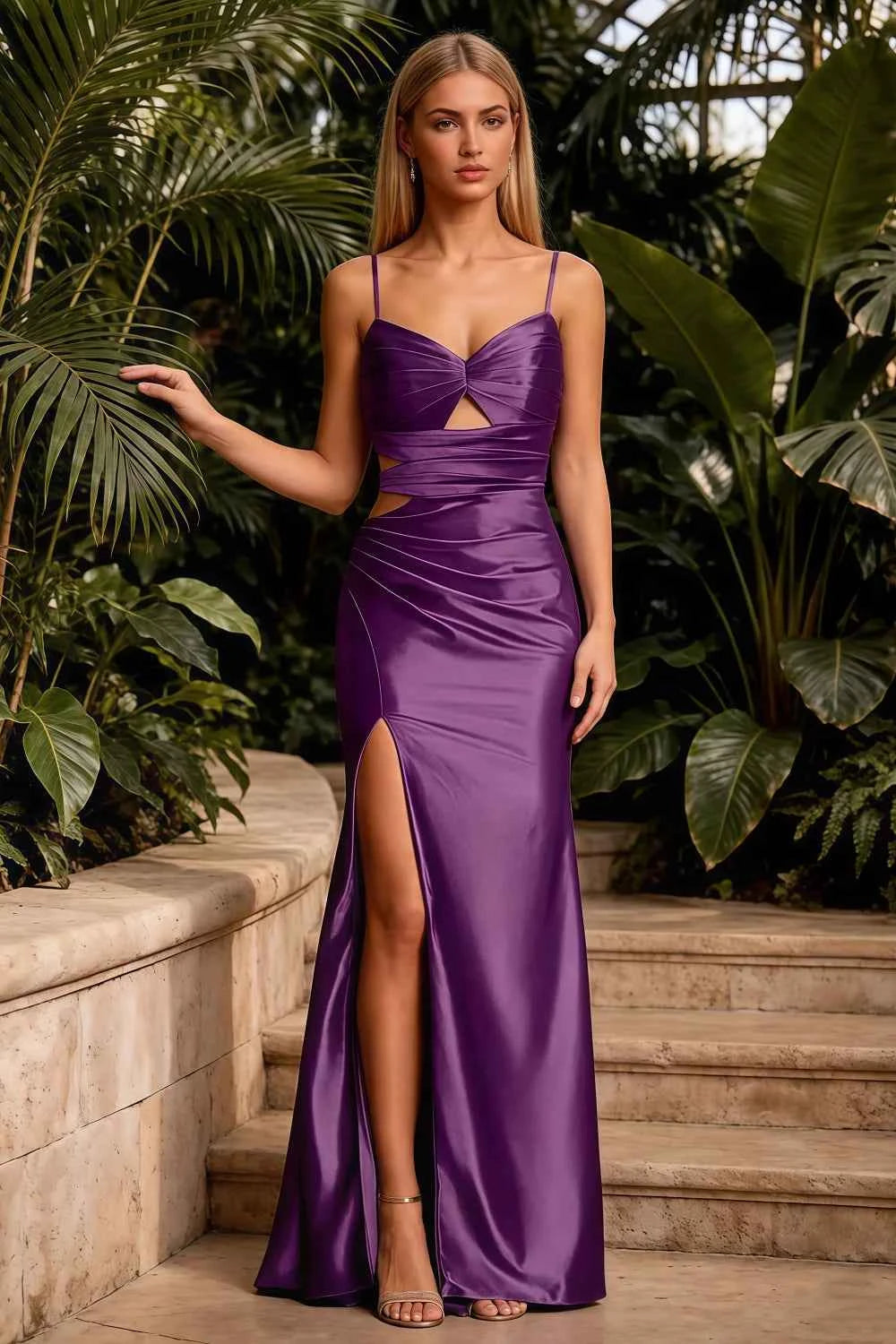 Jane Grape Satin Cutout Mermaid Slit Maxi Dress