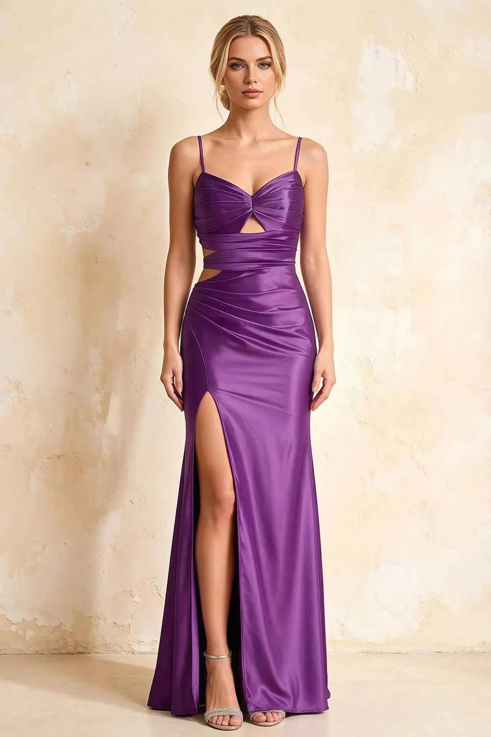 Jane Grape Satin Cutout Mermaid Slit Maxi Dress