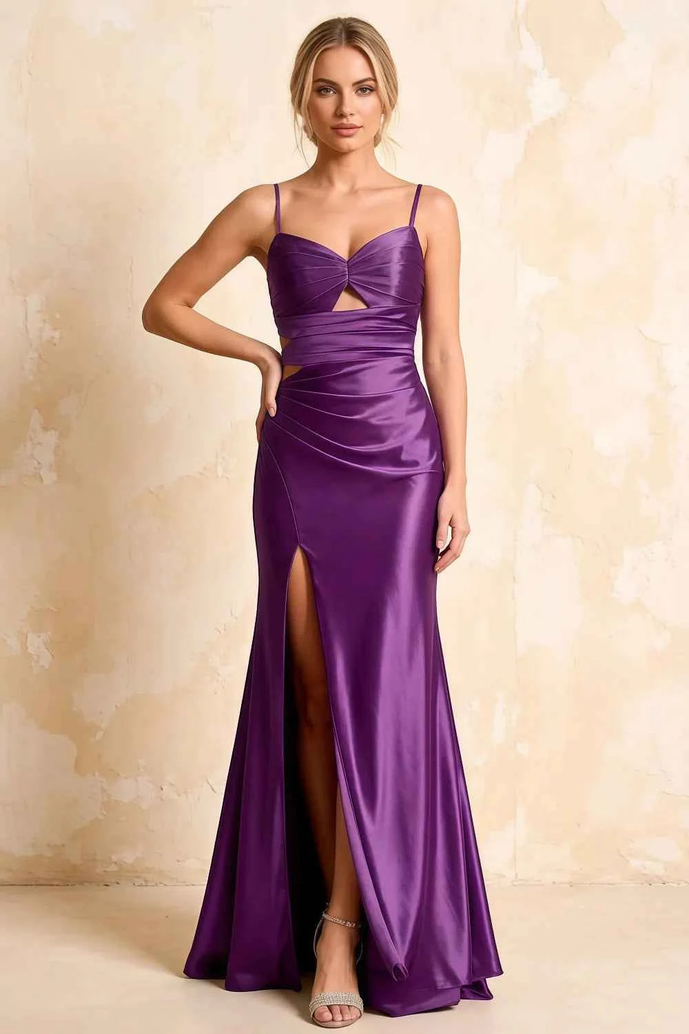 Jane Grape Satin Cutout Mermaid Slit Maxi Dress
