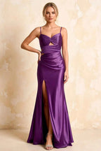 Jane Grape Satin Cutout Mermaid Slit Maxi Dress