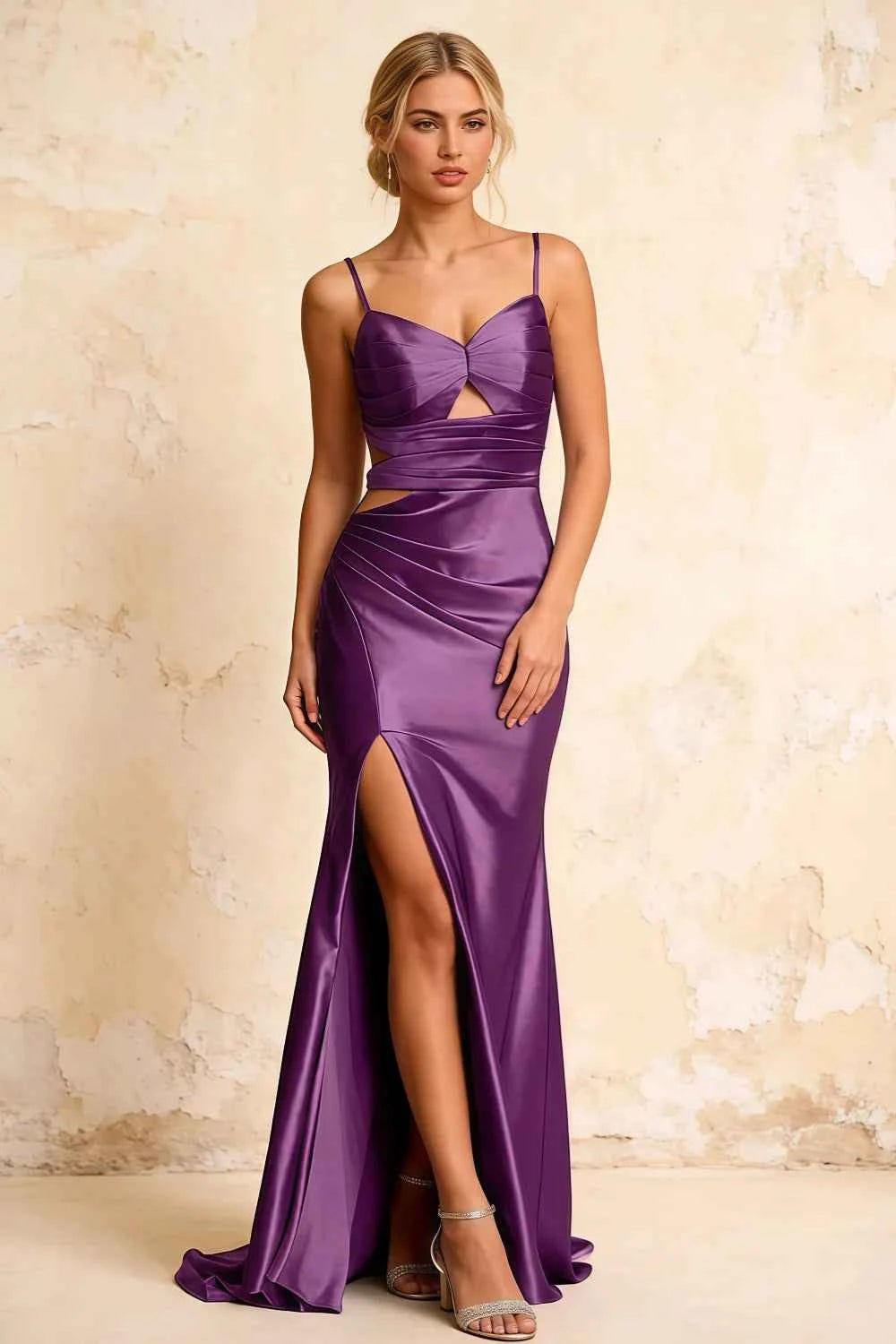 Jane Grape Satin Cutout Mermaid Slit Maxi Dress